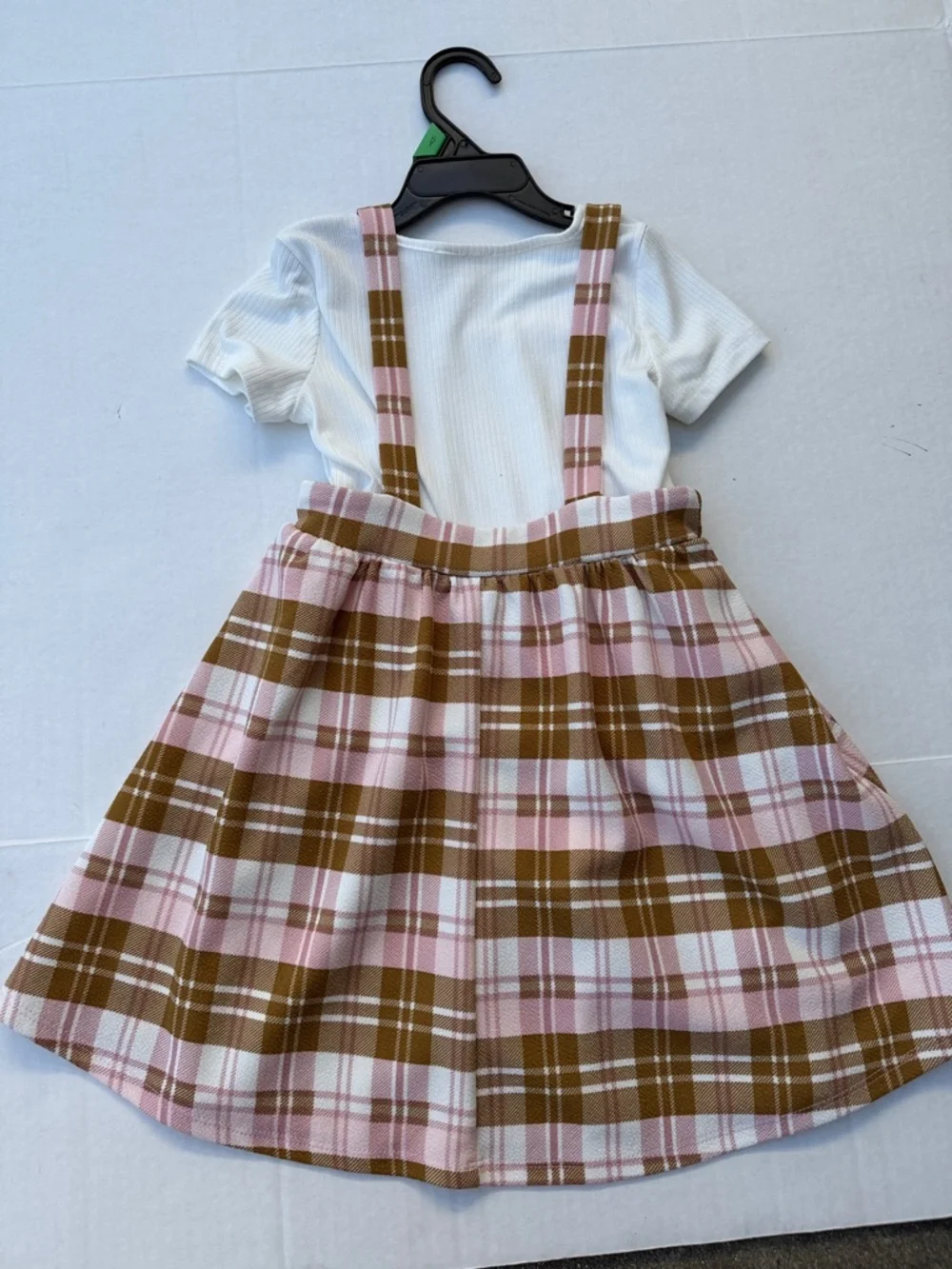 Girls Pink & Brown Plaid Pinafore Dress with White Tee NEW